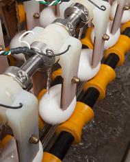Eggs being rotated in a process chamber while radio frequency energy is pulsed into them to kill Salmonella. 