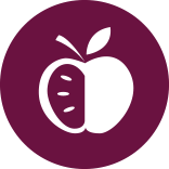 A white apple on a circular maroon background 