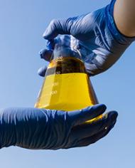 Two gloved hands holding a beaker of biofuel 